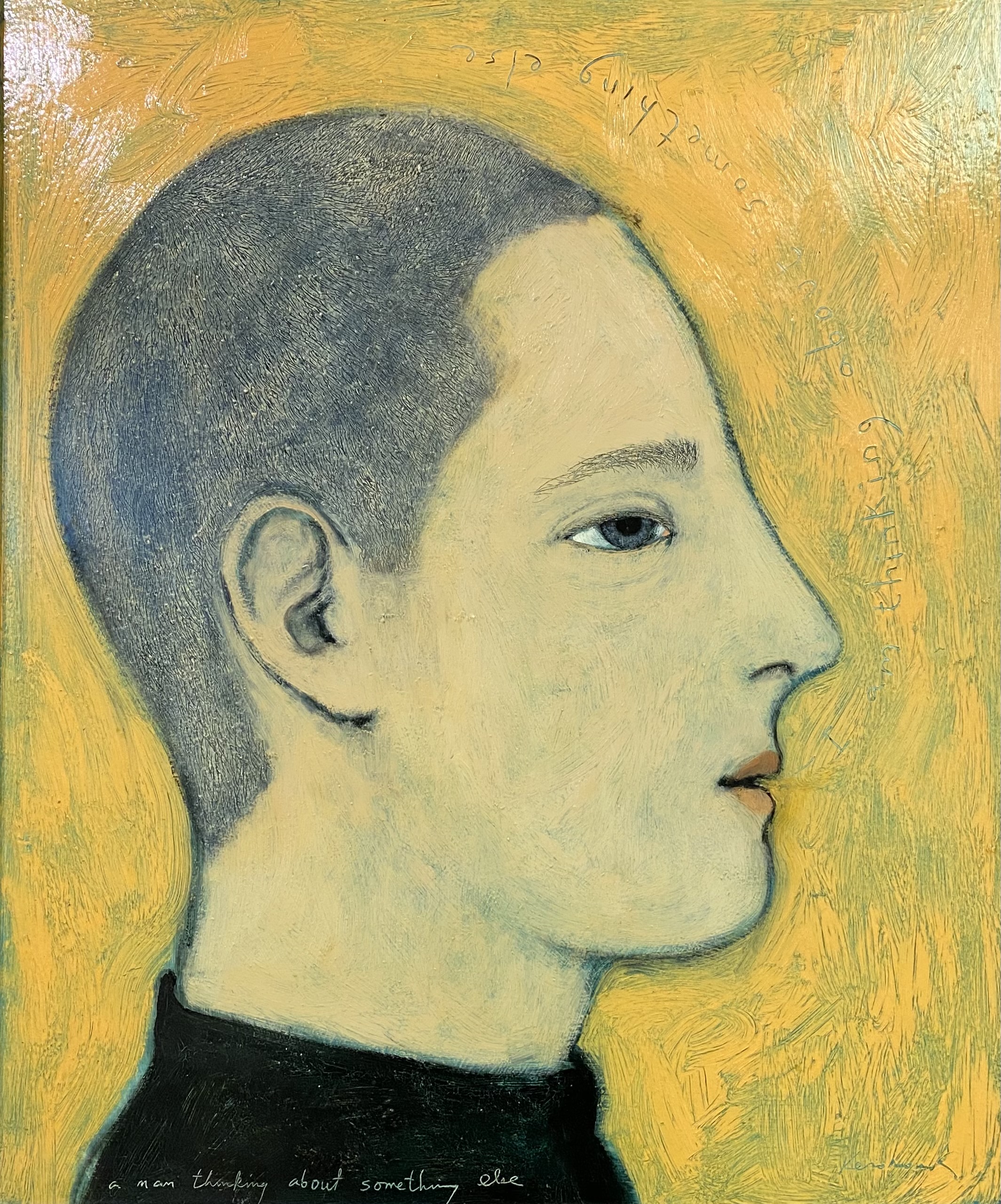 painting of a man thinking with a yellow background