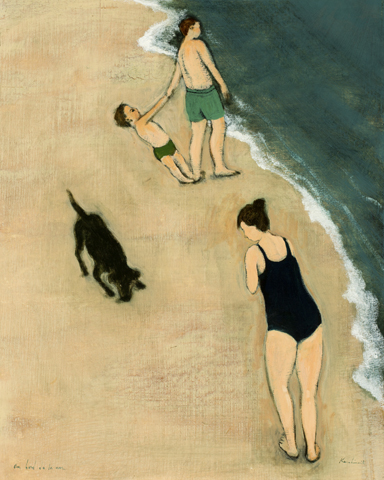 painting of family at beach with dog