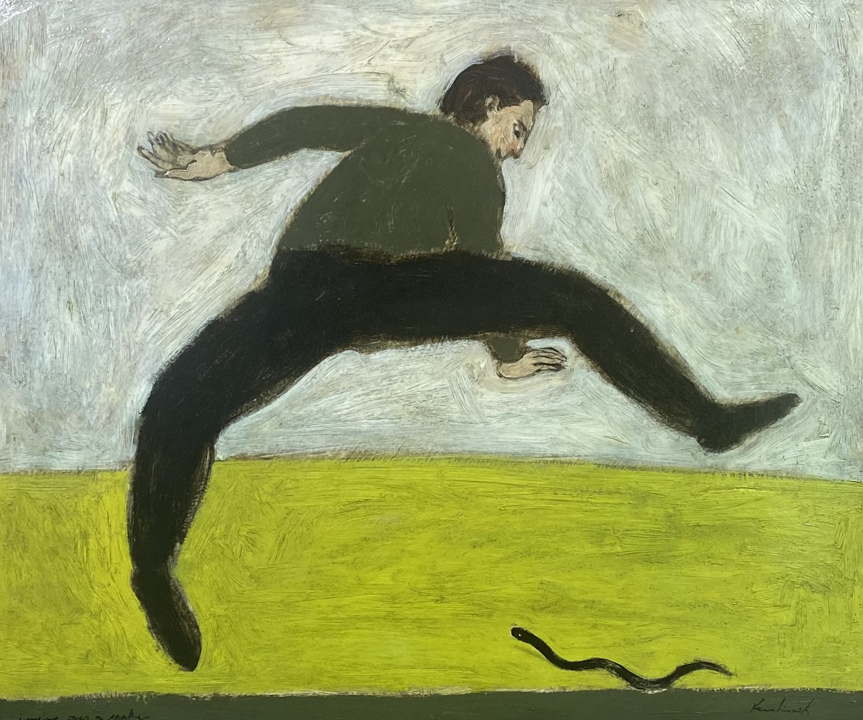 painting of man jumping over a snake